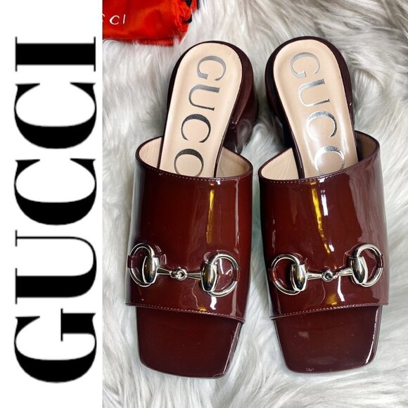 NWOT GUCCI Lexi Patent Leather Horsebit Accent Burgundy Slides, Size 35 - Picture 7 of 12